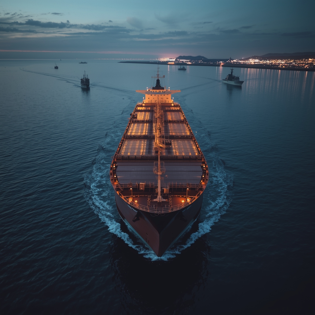 Oil tanker passing through a strategic strait under watch, symbolizing easing geopolitical risk