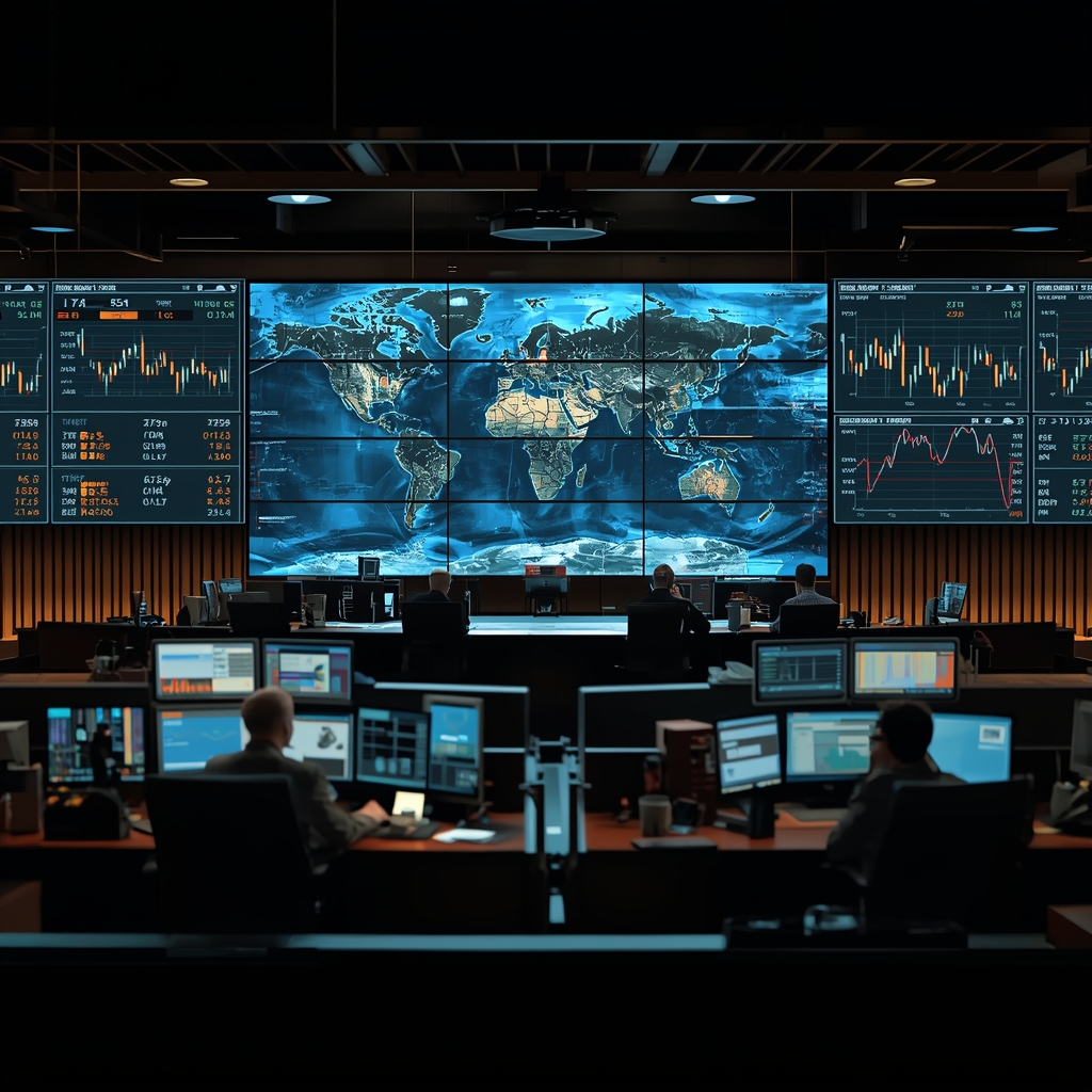 Trading floor with rising equities and falling oil charts