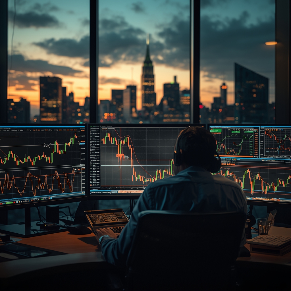 Trading desk with volatile market charts and tense atmosphere