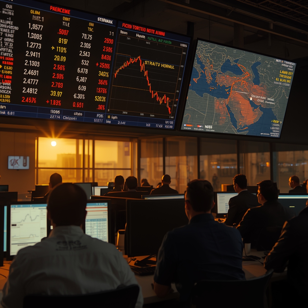 Trading floor screens showing oil falling and equities rising