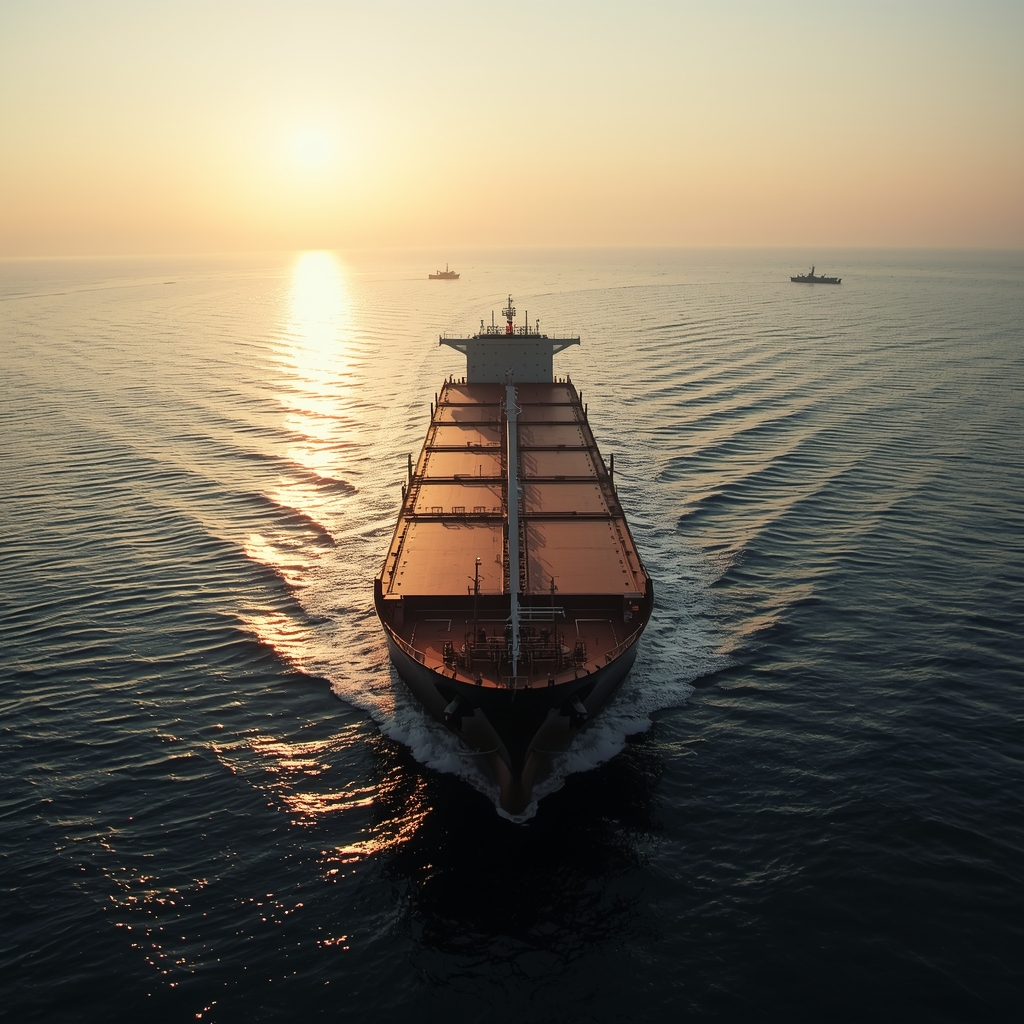Oil tanker moving through the Strait of Hormuz at calm sunrise