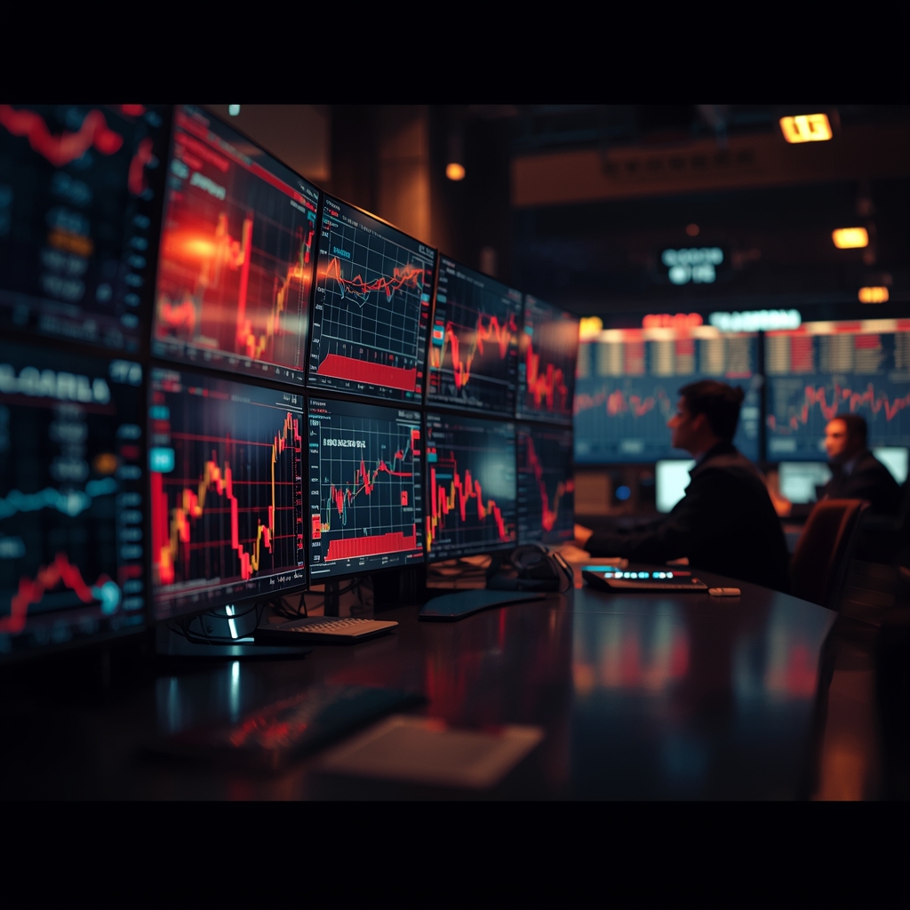 Trading desk screens showing rising oil prices and bond yields