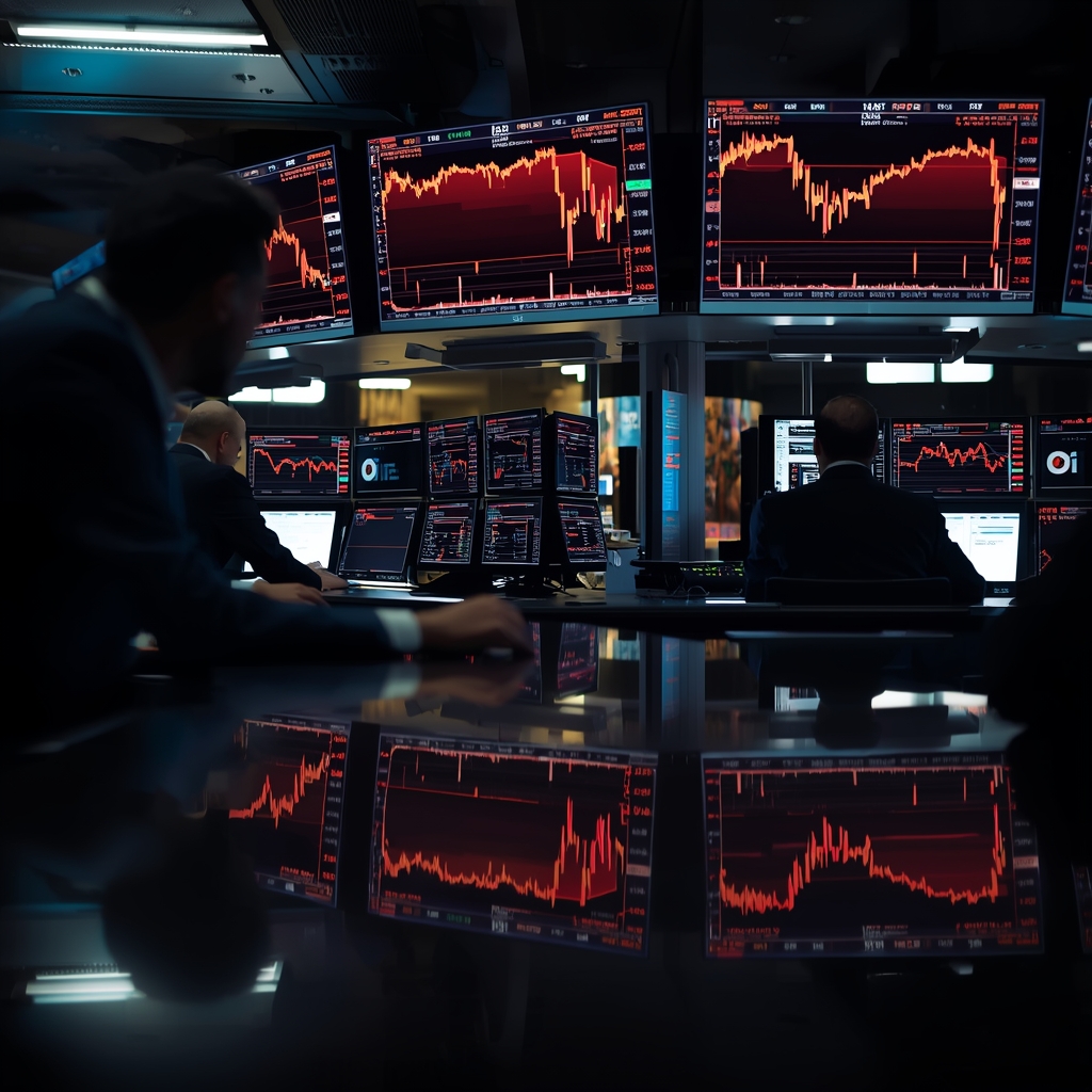 Trading floor reacting to surge in oil prices and falling equities