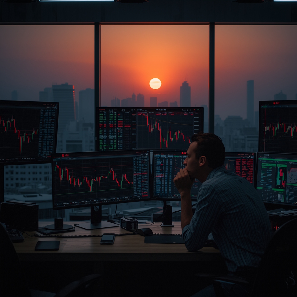 Trading desk showing oil surge and falling equities and crypto