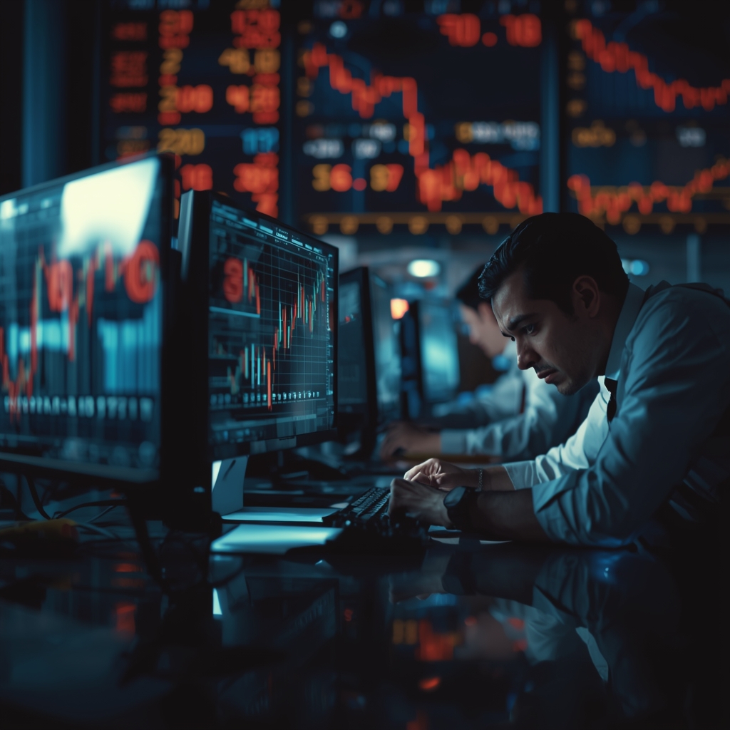Trading desk showing rising oil prices and bond yields under market stress