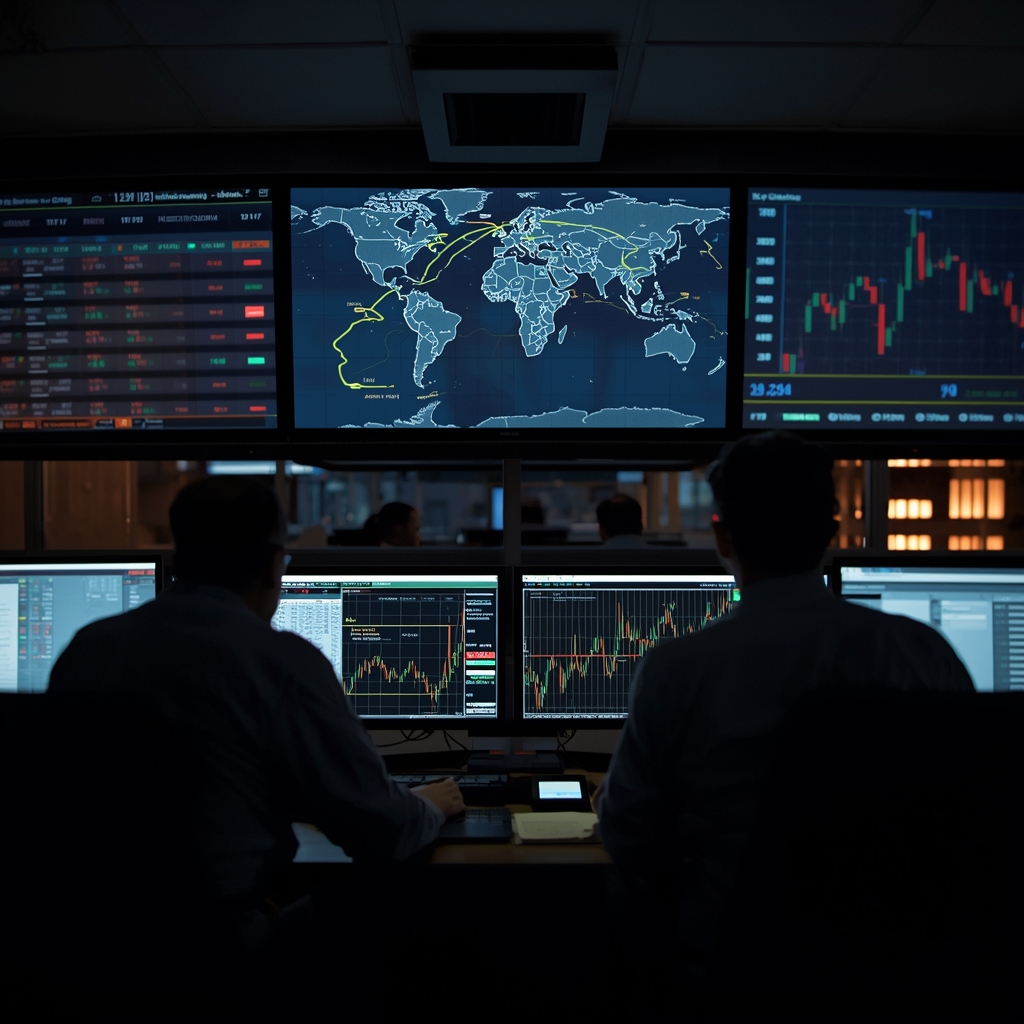 Trading desk monitoring oil prices and Hormuz shipping routes