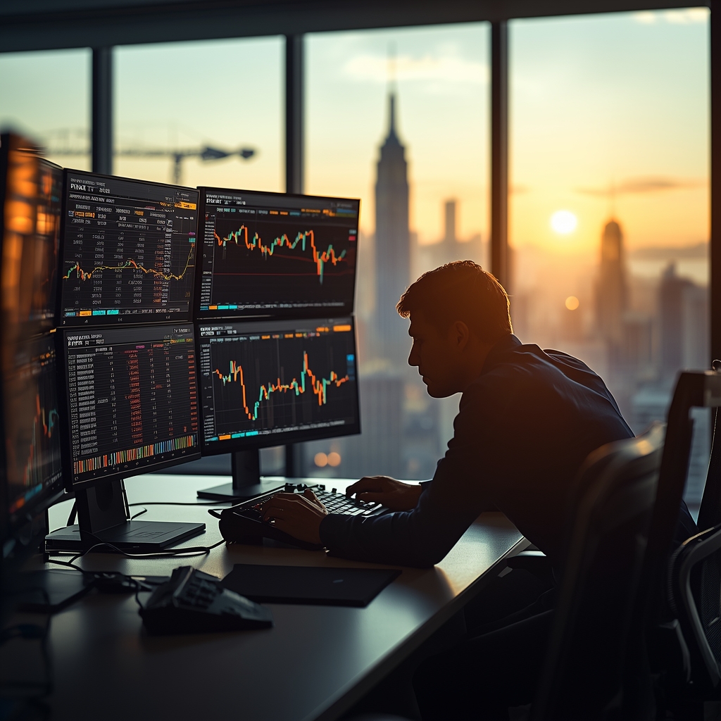 Trading desk showing falling oil prices and rising equity markets