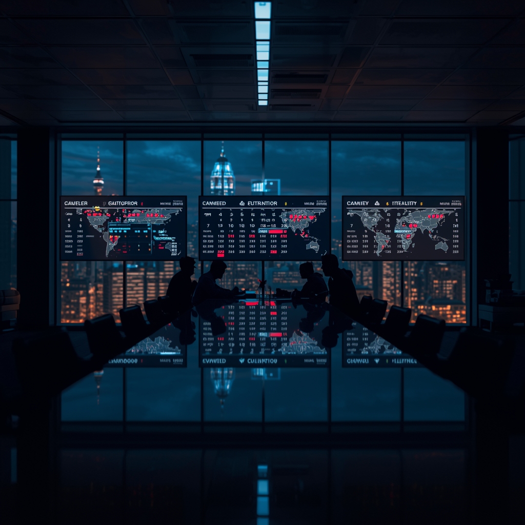 Executive strategy room analyzing clustered Big Tech earnings calendar