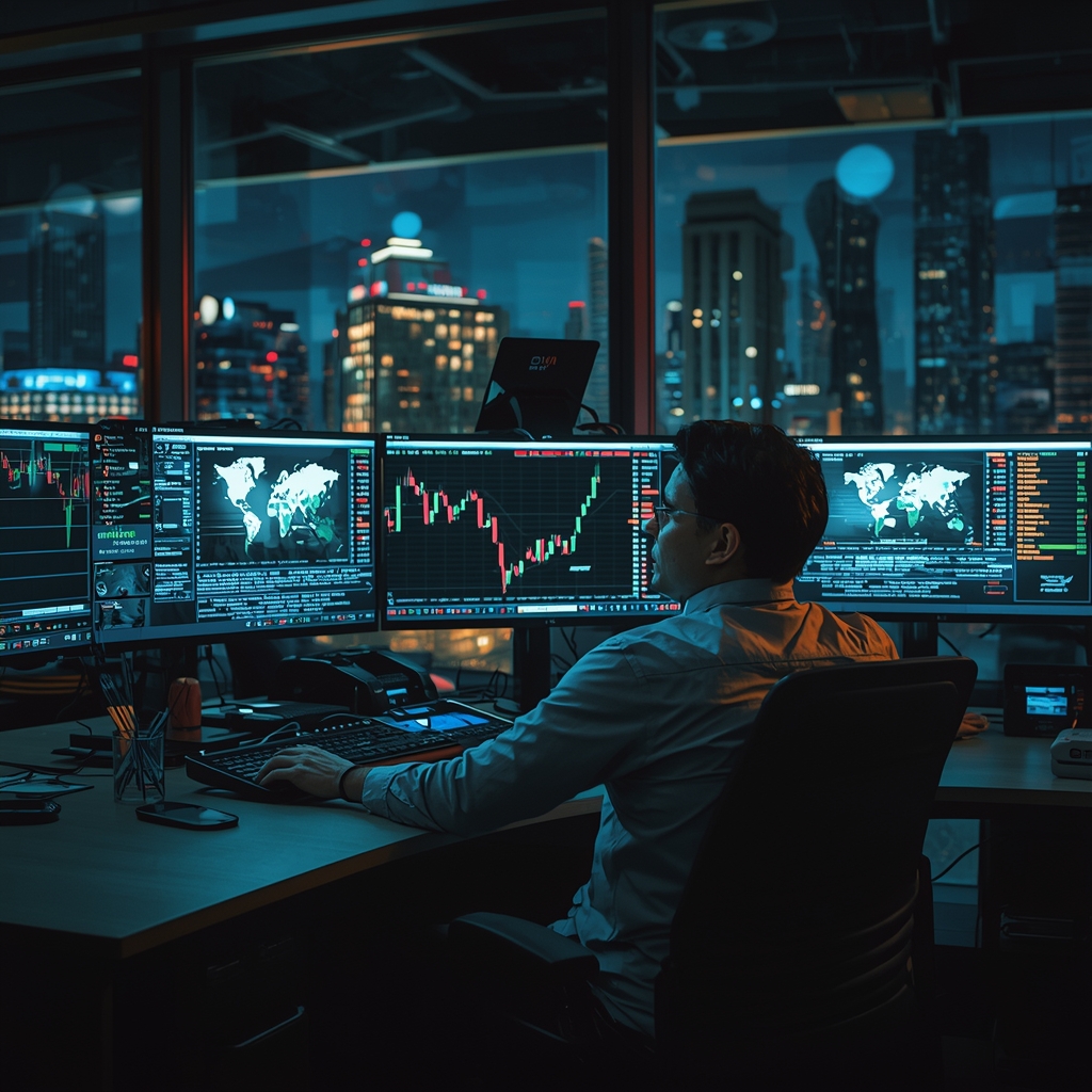 Trader watching volatile oil prices and conflicting geopolitical headlines