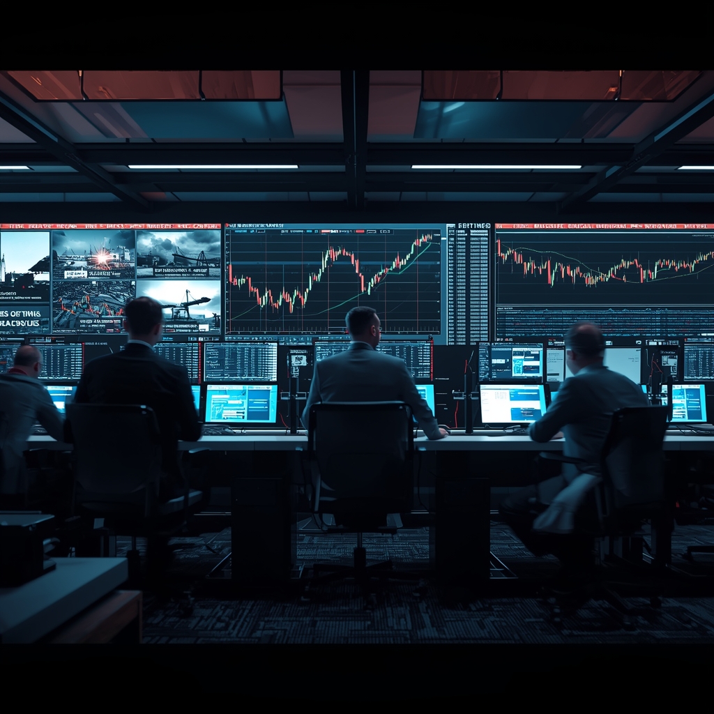 Trading floor with conflicting geopolitical headlines and volatile price screens