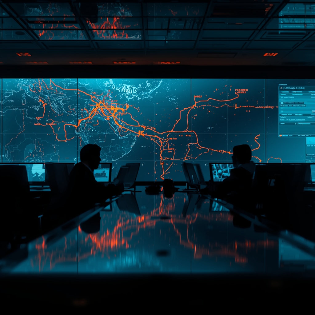 Shipping route control room showing disruptions near the Strait of Hormuz