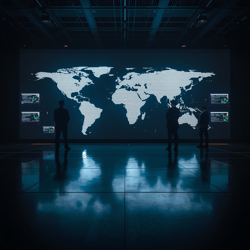 Global strategy room with market screens showing muted reaction to geopolitical headlines