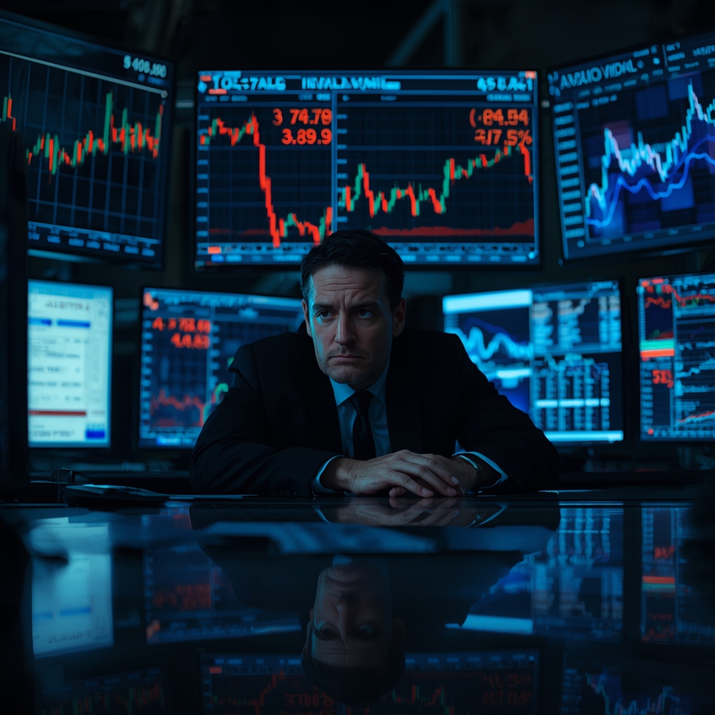 Trader watching conflicting market signals and geopolitical headlines at night