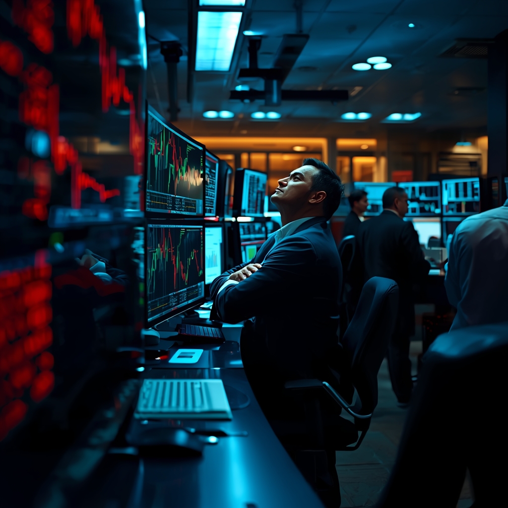 Trading floor with volatile oil and equity charts reflecting market whiplash