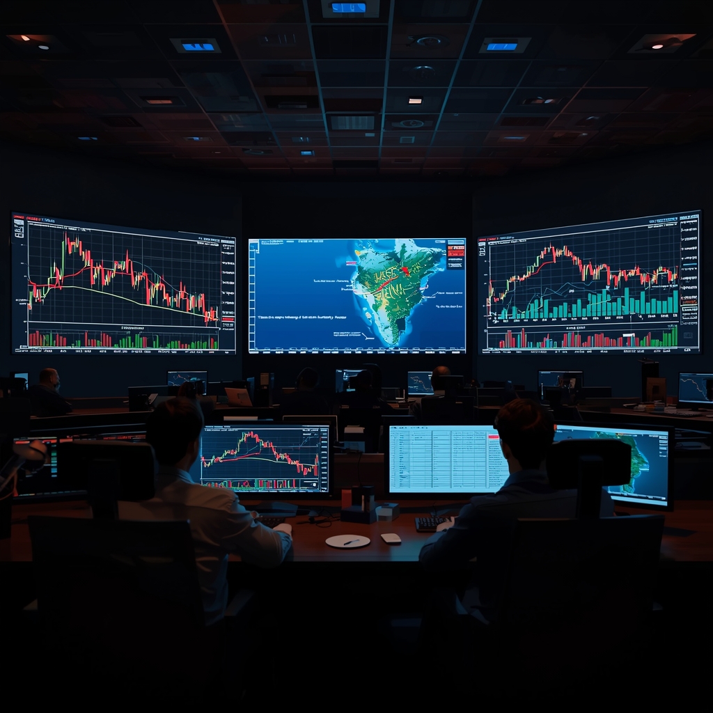 Commodities trading desk showing oil spike while equities remain stable