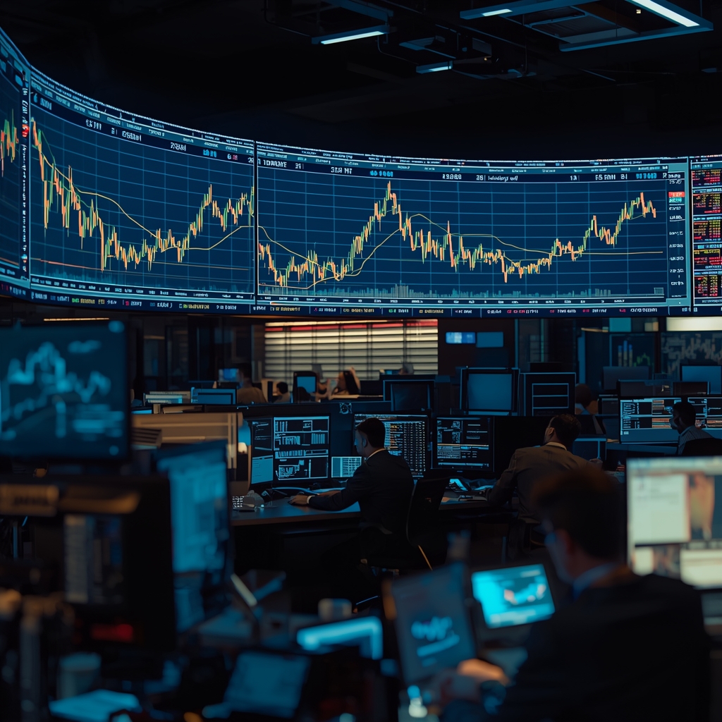 Commodities trading desk reacting to volatile oil price swings