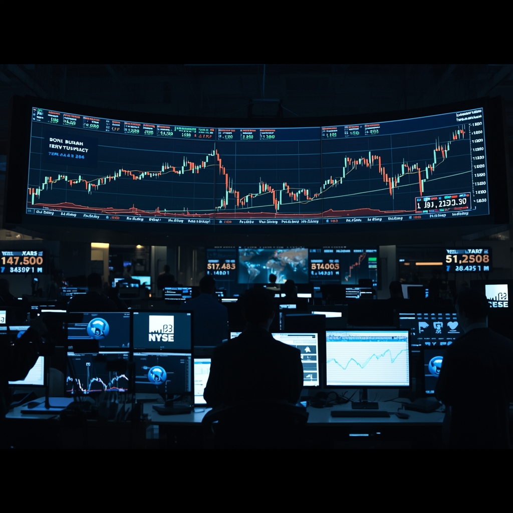 Trading desk showing oil prices rising while equities remain stable