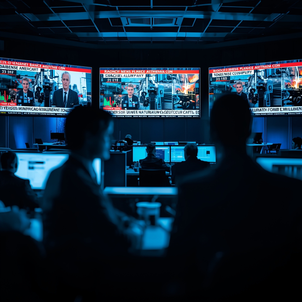 Financial newsroom screens showing conflicting geopolitical headlines and market reactions
