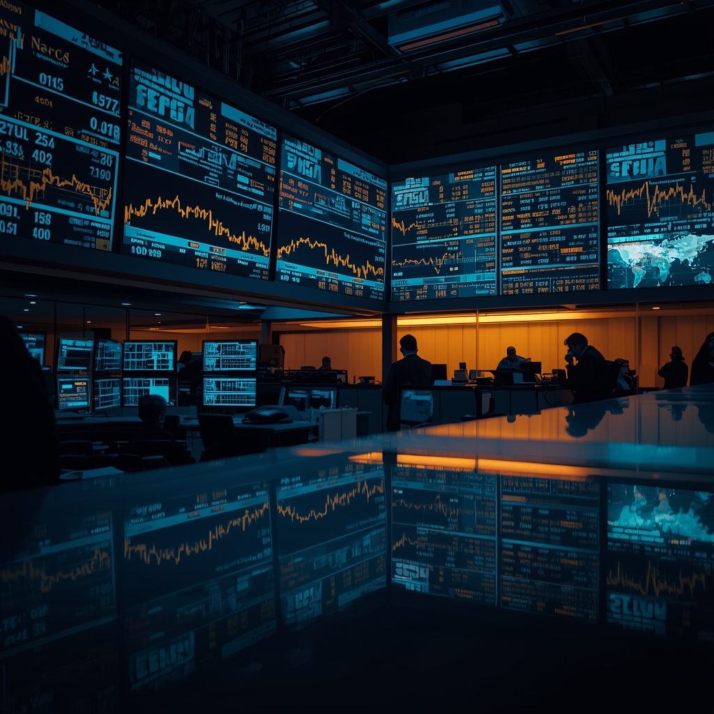 Trading floor reacting to fast-changing oil prices and geopolitical headlines