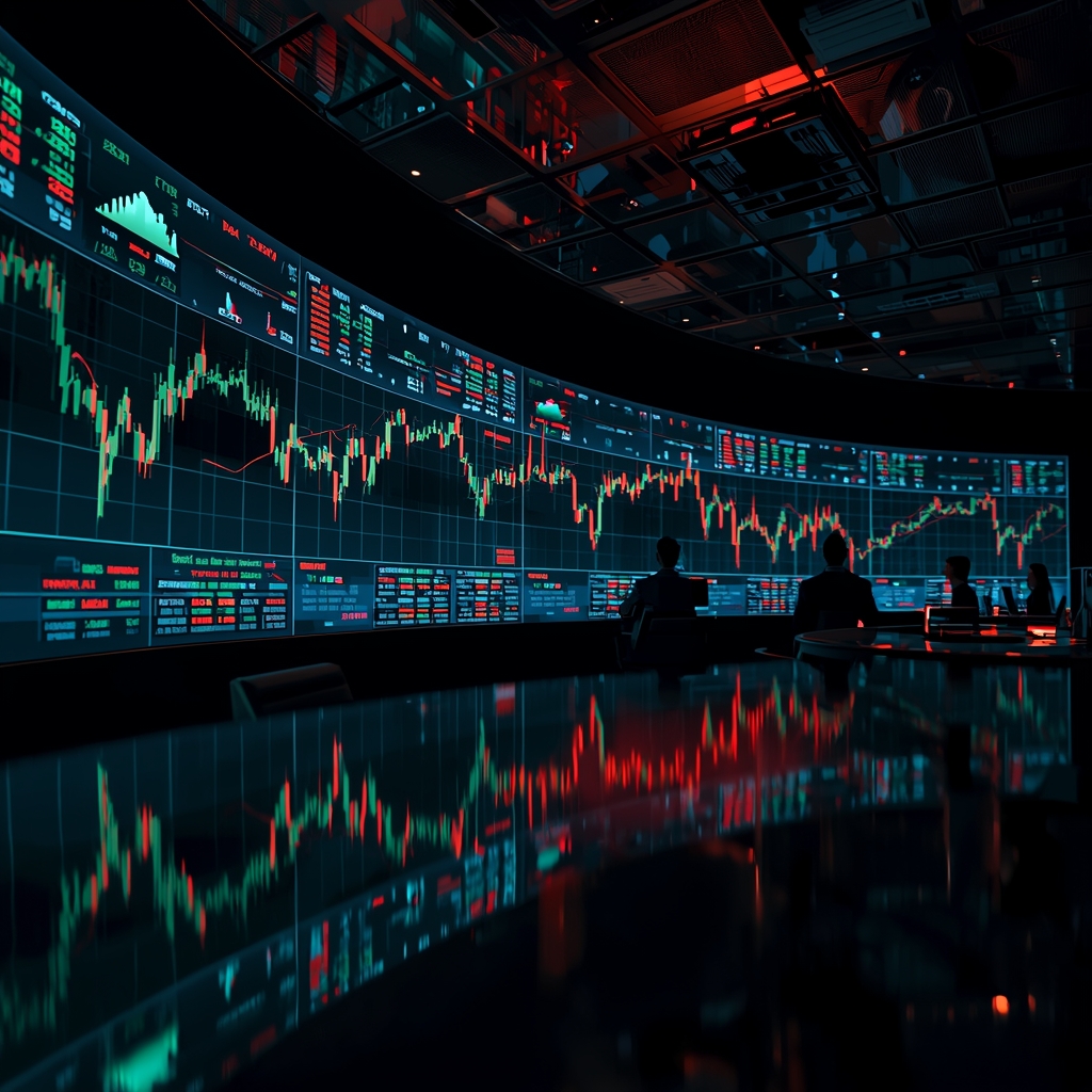 Trading floor screens showing equities surging and oil plunging simultaneously
