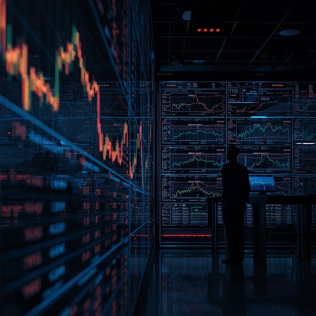 Trading desk with conflicting market signals showing oil rising and equities fluctuating