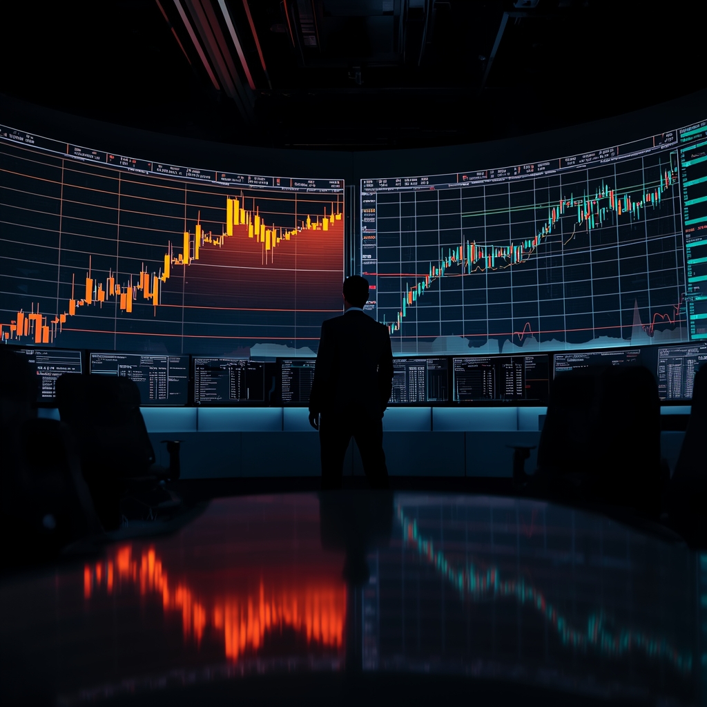 Trading desk showing oil spike while equities remain stable