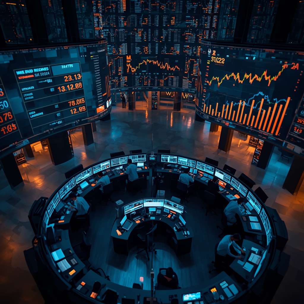 Trading floor screens showing oil down, bonds up, and equities rising simultaneously