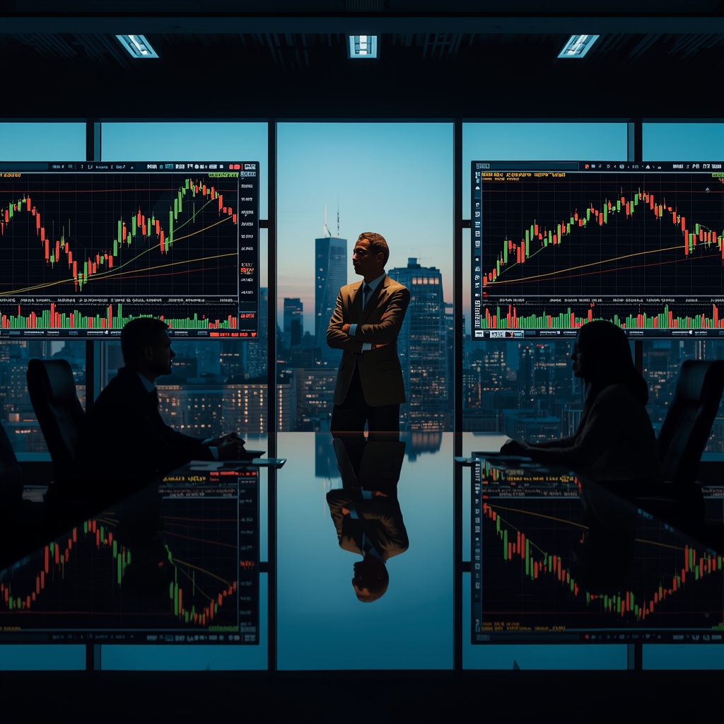 Strategy room with screens showing diverging oil and equity market movements
