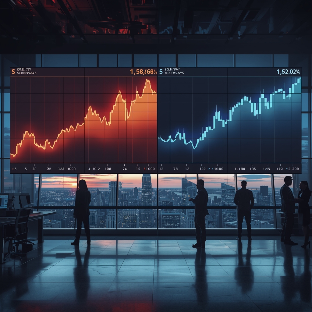 Trading floor showing divergence between oil spike and sideways equities