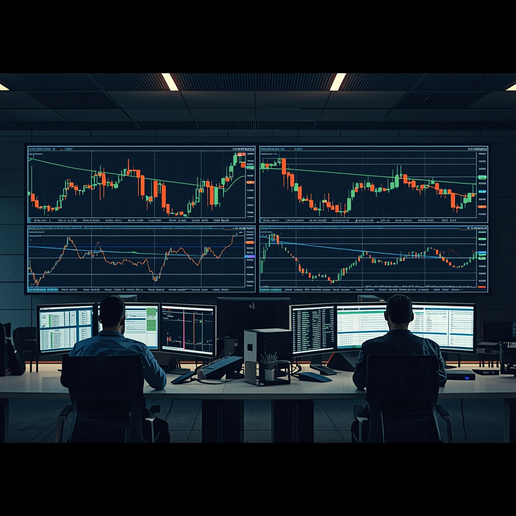 Trading floor with conflicting market signals on screens