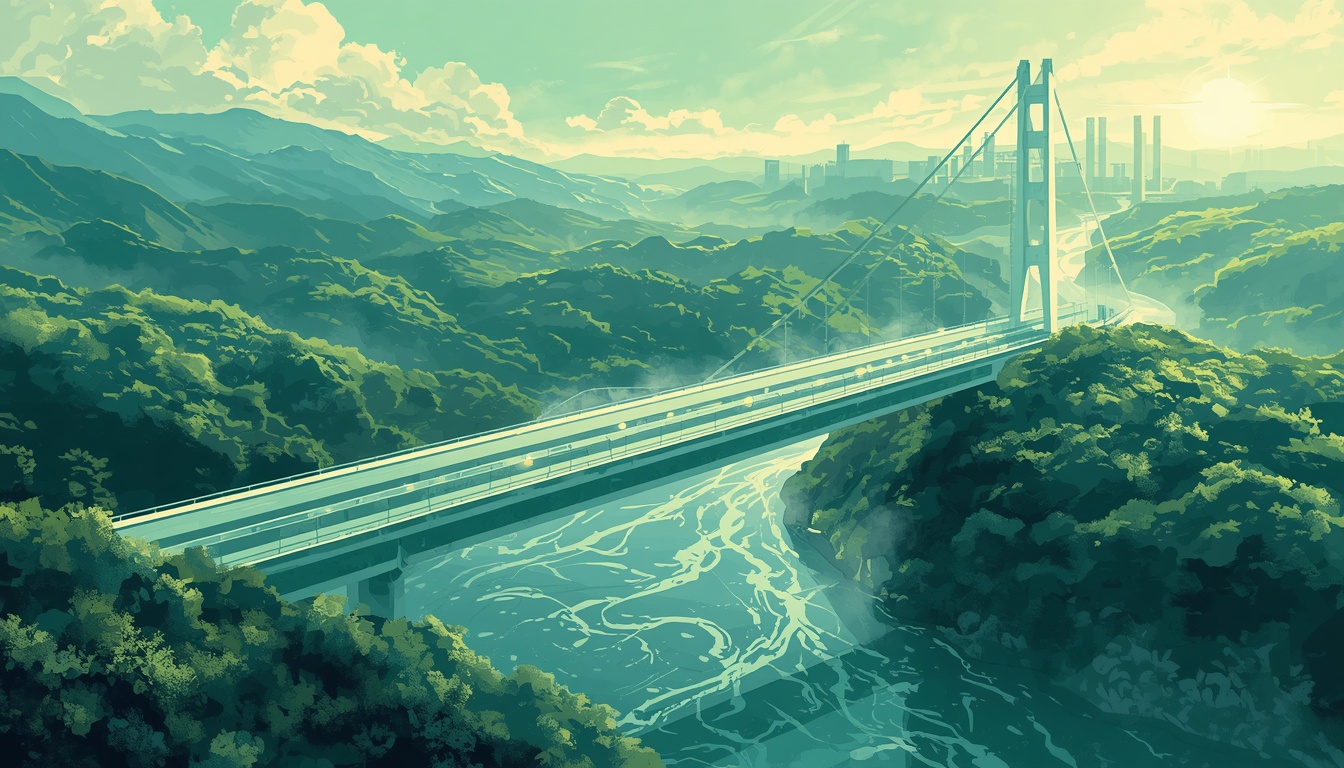 Stylized silicon bridge over a flowing capital river