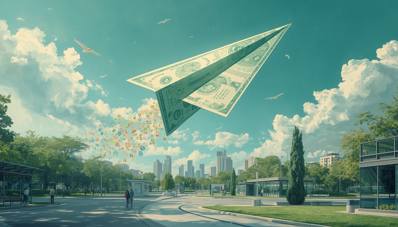 Symbolic bond-paper airplane carrying AI momentum over a bright city
