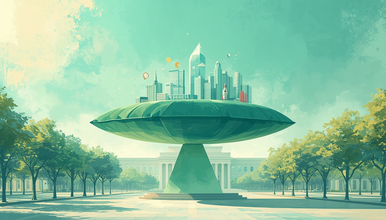 Illustration of a policy cushion lifting market symbols in a bright city plaza