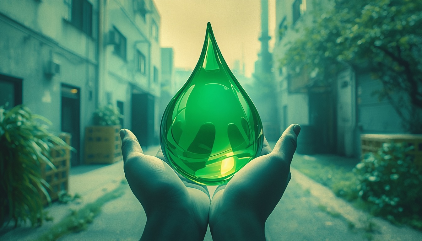 Hands transforming an oil droplet into a green leaf as a margin relief metaphor