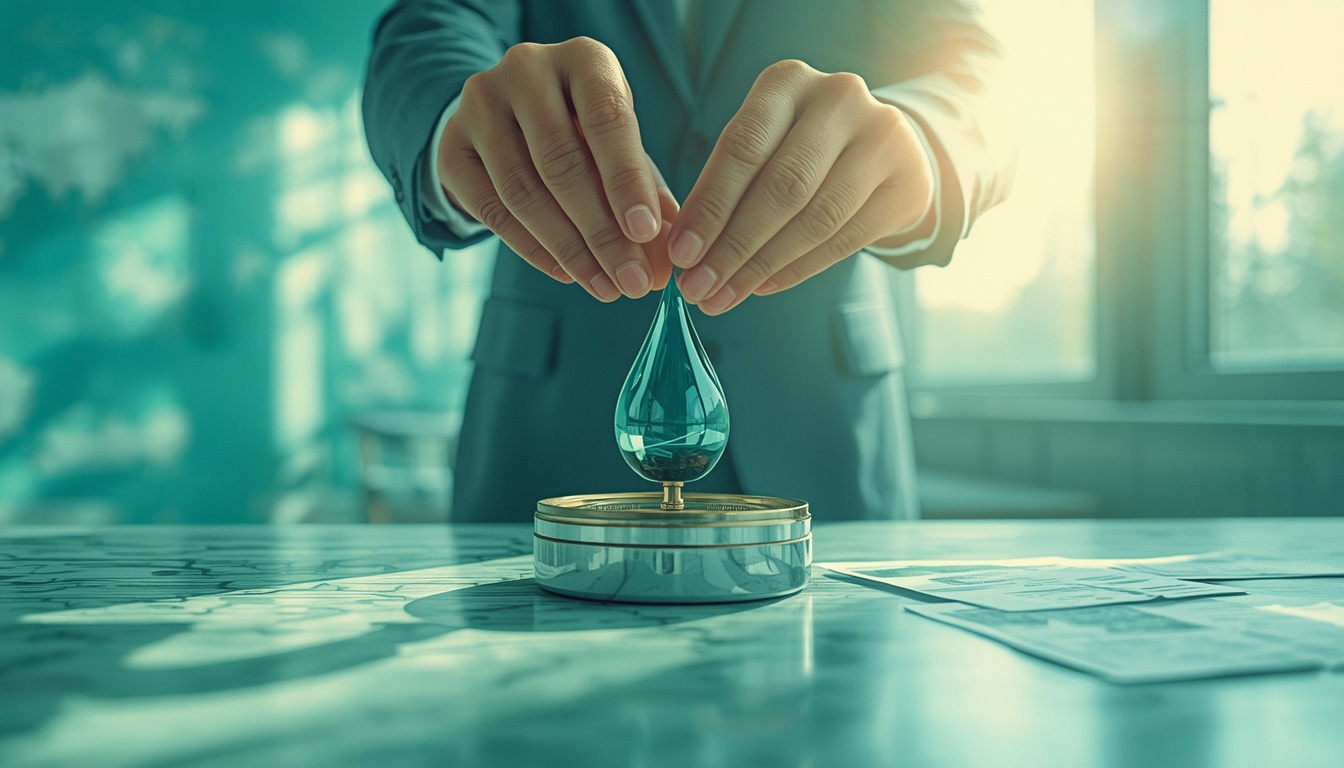 Hands balancing oil, currency, and policy symbols in a bright editorial scene