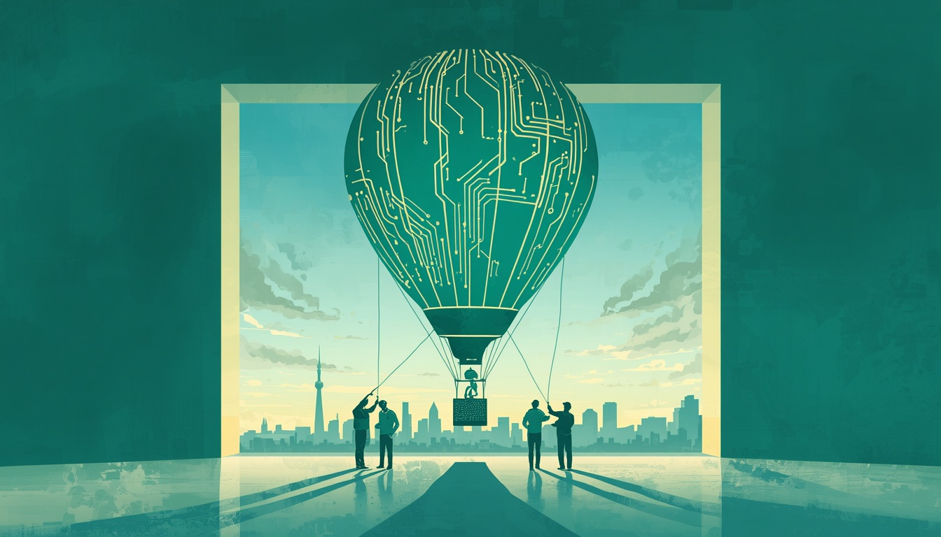 Illustration of workers measuring a symbolic AI balloon as expectations are recalibrated.
