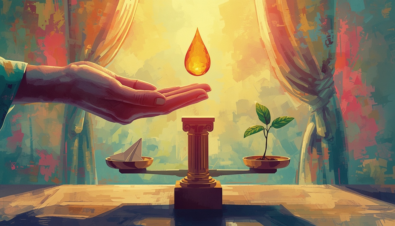 Hands balancing oil, policy, and growth symbols in a bright editorial scene