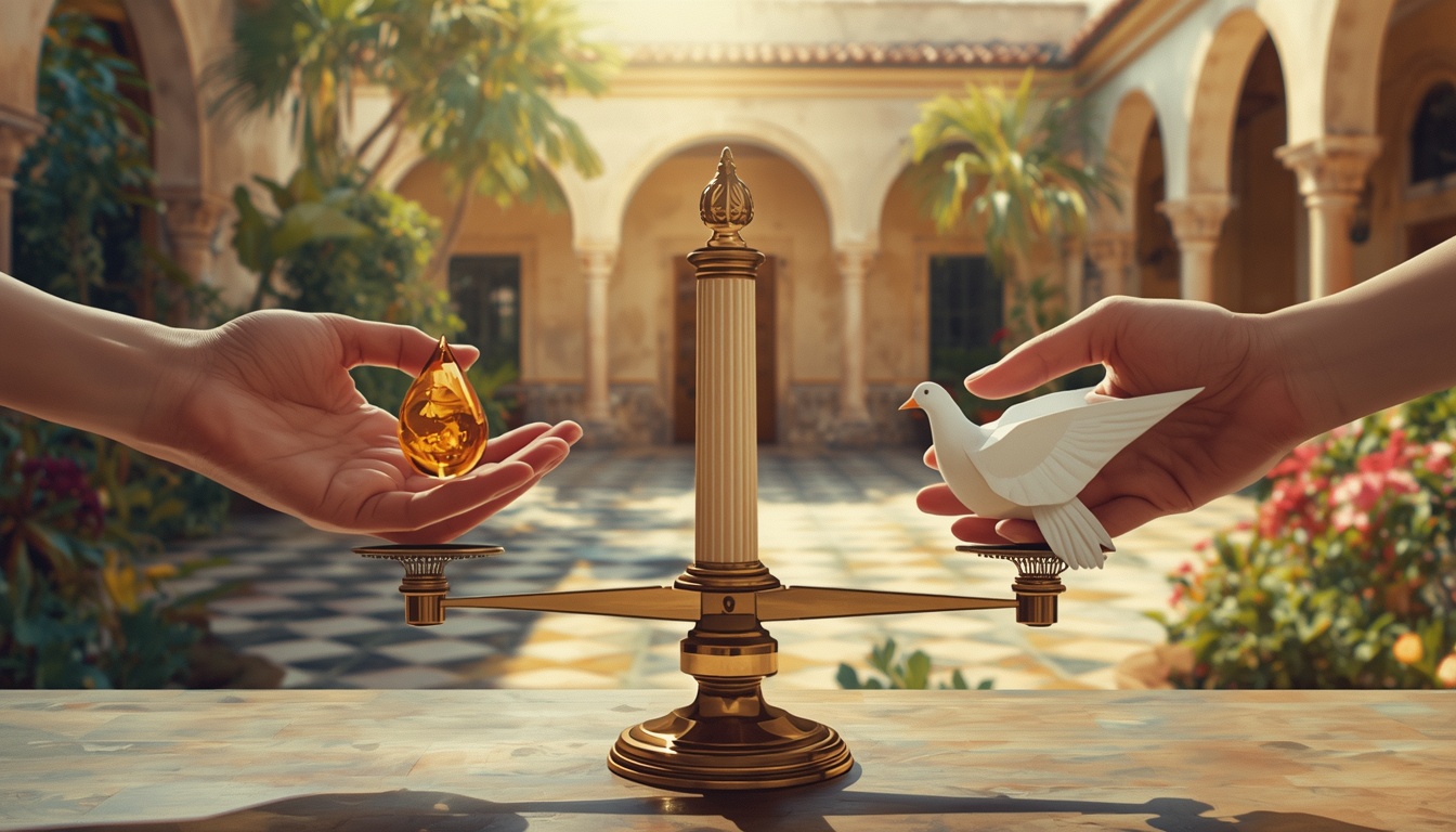 Hands balance oil, diplomacy, and central-bank policy symbols.