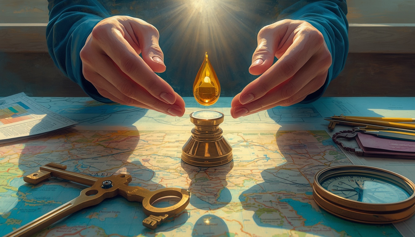 Hands balancing an oil droplet with a policy key and compass.