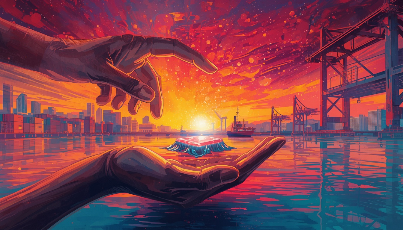 Colorful editorial illustration of hands balancing semiconductor supply chain symbols.