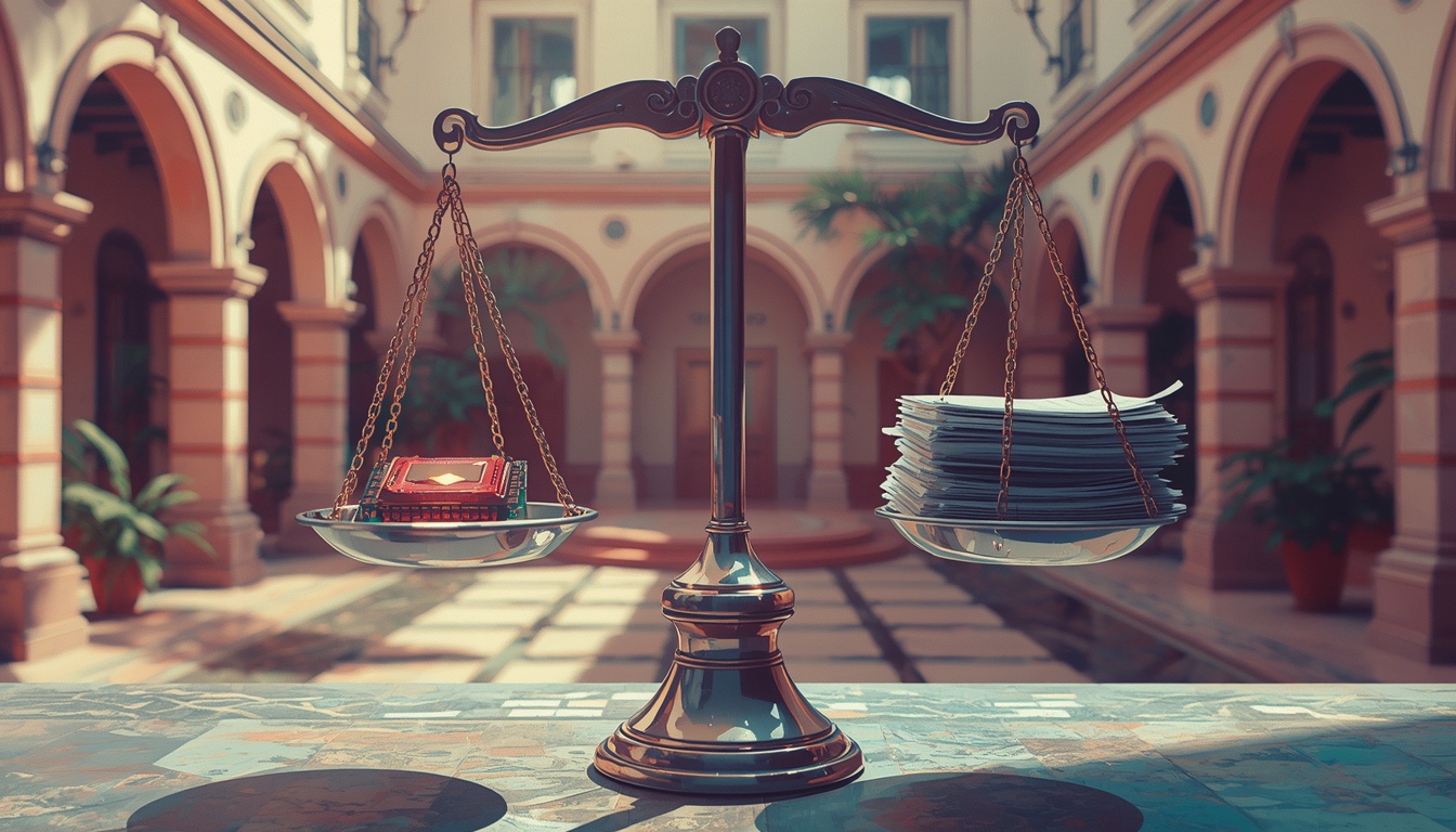 A balance scale weighing a microchip against earnings reports.