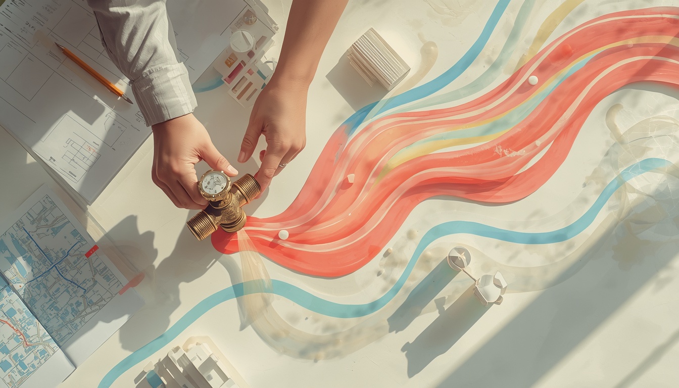 Hands adjusting a symbolic policy valve releasing colorful energy flows