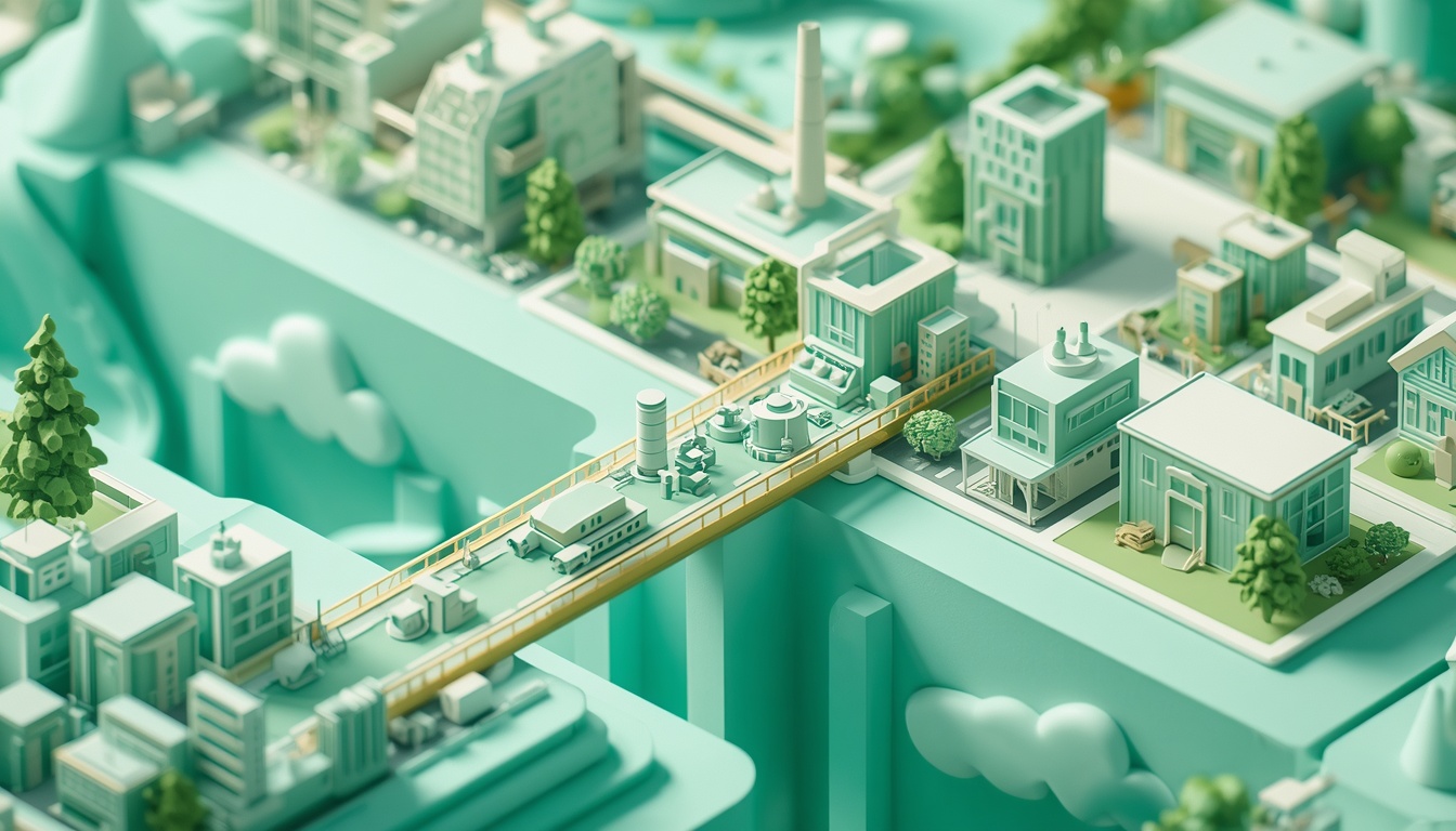 Stylized narrow bridge leading technology symbols toward a broader city market