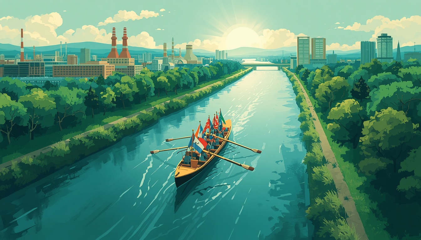 A symbolic market rally broadening from a narrow canal into a wider river.