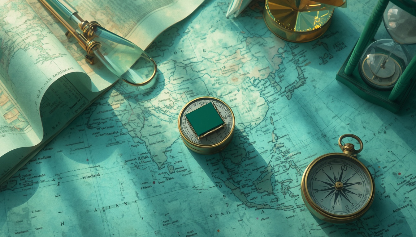 Silicon wafer balanced with compass and hourglass as a chip risk metaphor