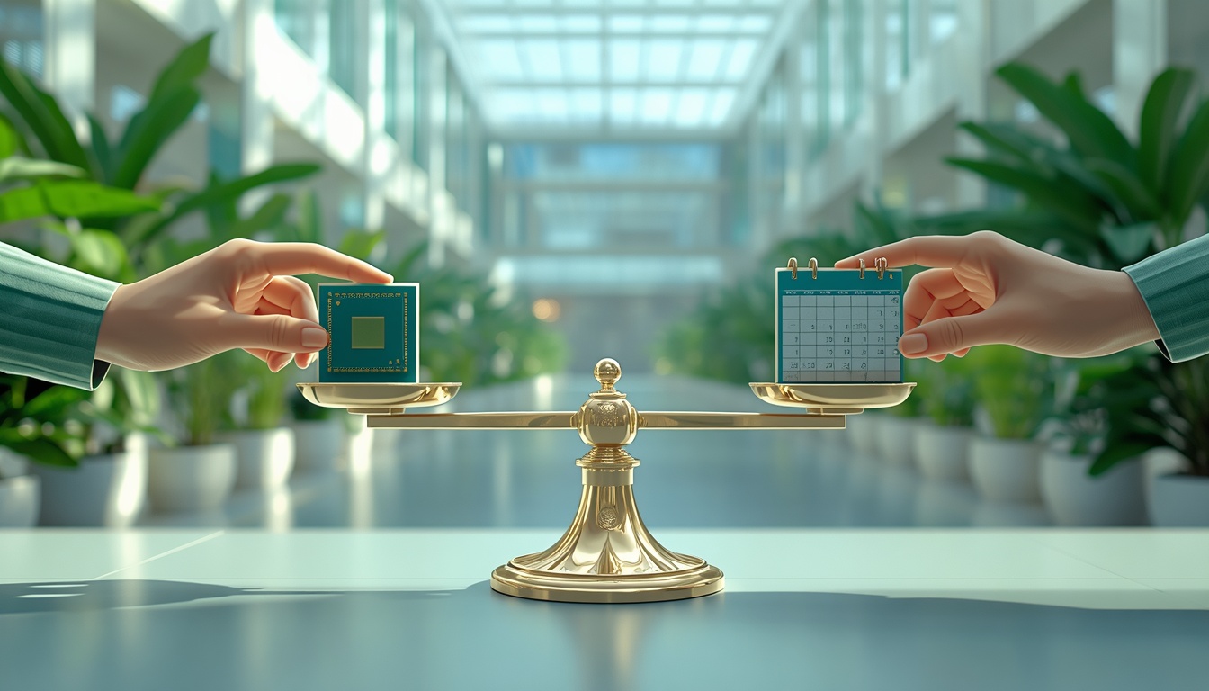 Hands balancing a semiconductor wafer and payroll calendar on a scale