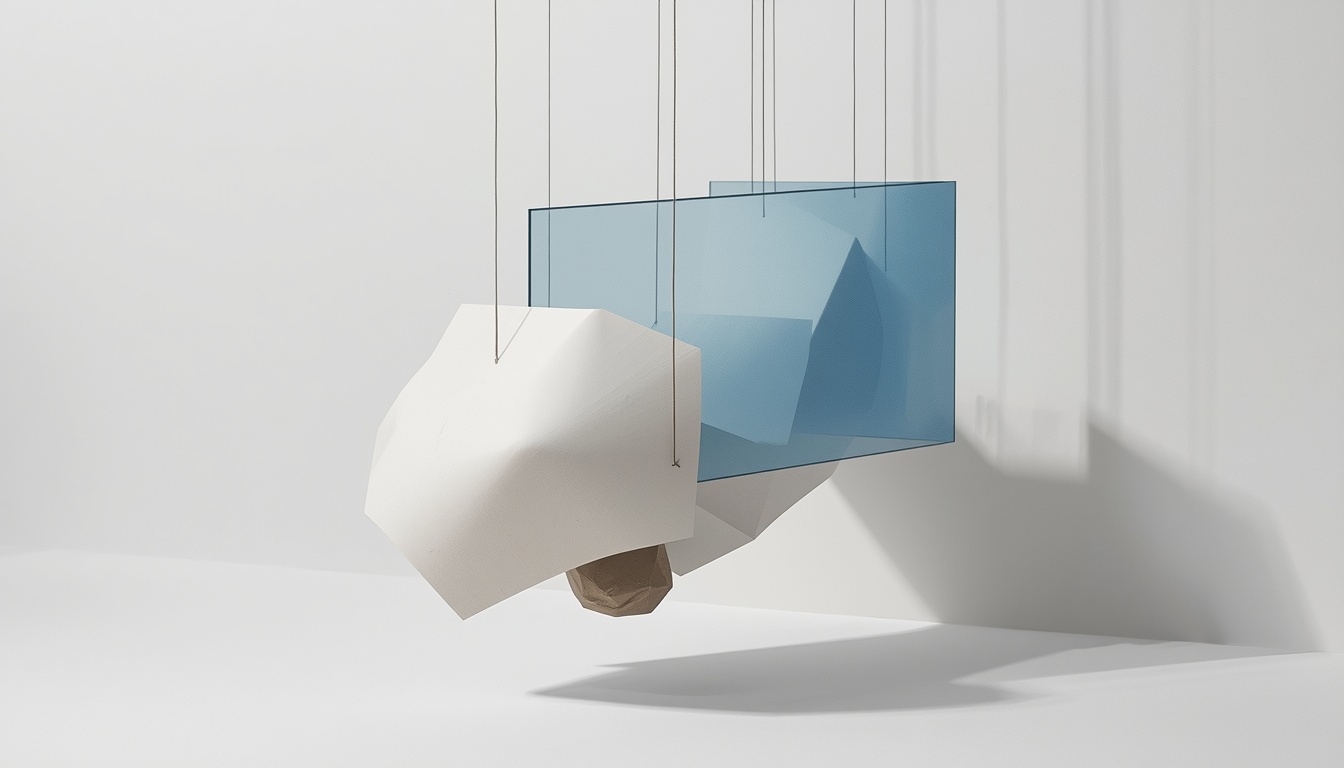 Abstract paper and glass installation showing policy pressure transmitted through taut threads.