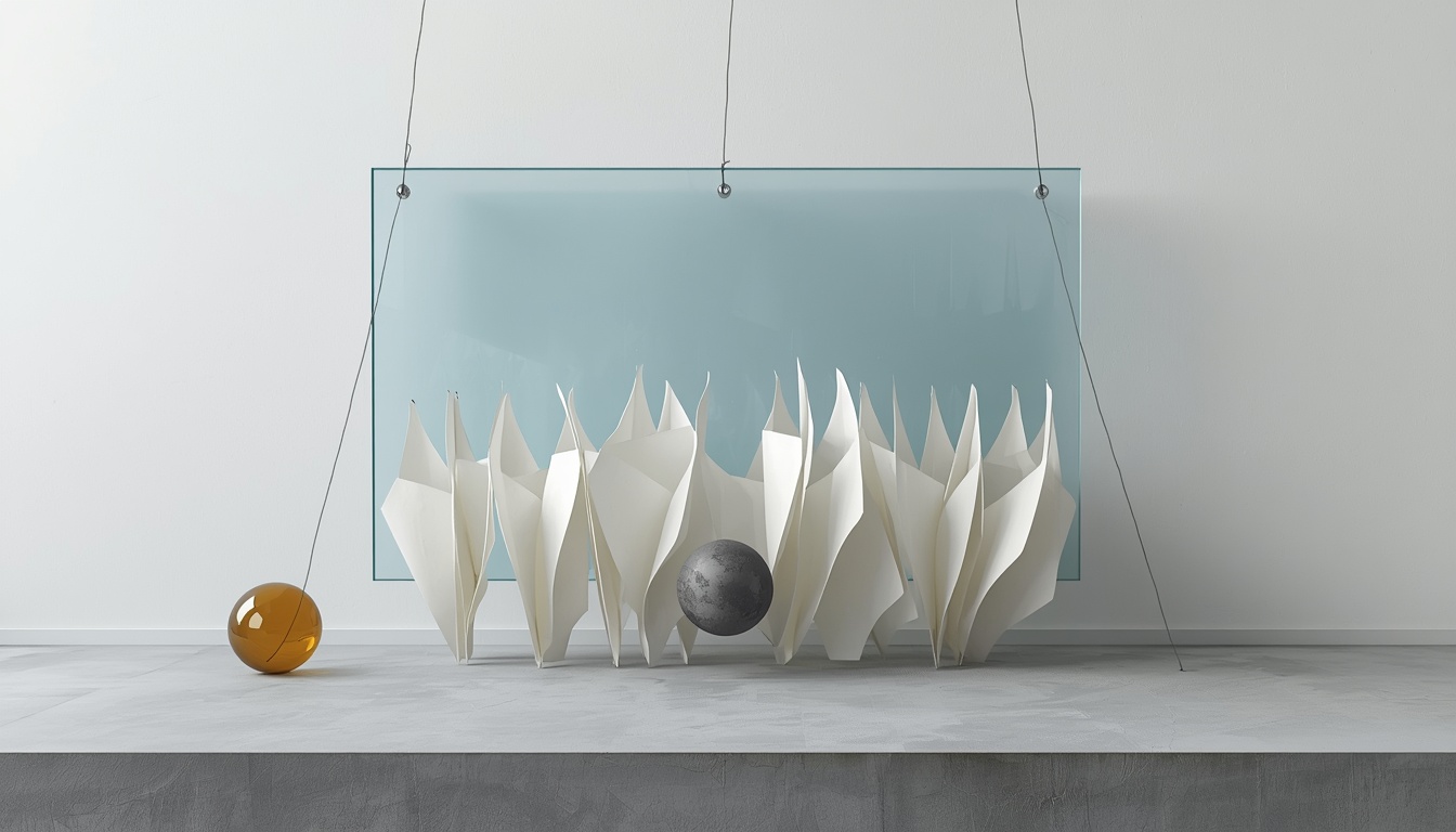 Abstract paper and glass installation symbolizing inflation pressure and duration risk.