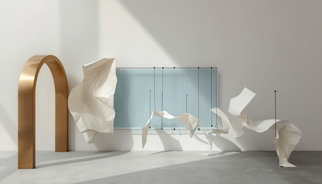 Abstract paper and glass installation showing pressure transmitting through taut threads.