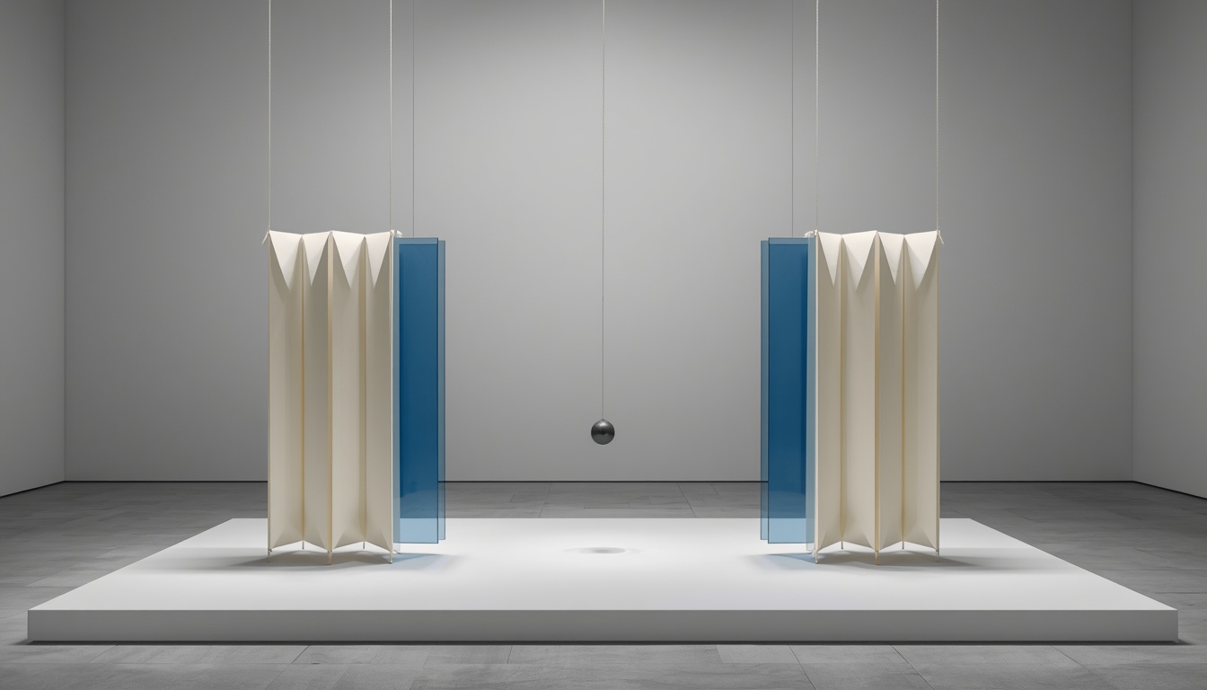 Symbolic paper and glass installation showing policy guidance pulling on market balance.